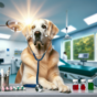 A Golden Retriever wearing a stethoscope in a veterinary clinic setting.